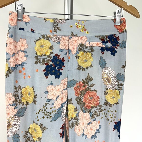 Sz 00- Smythe Mid-Rise Cropped Length Baby Blue Floral Flood Trouser Pants - Picture 4 of 15